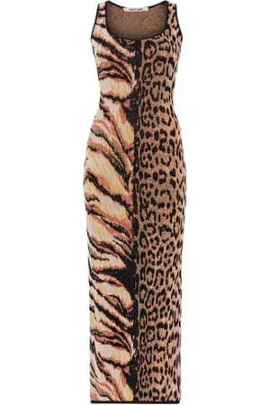 Roberto Cavalli Kleedjes, Dames, Veelkleurig, S, Animal Jacquard Midi Jurk Bodycon Fit