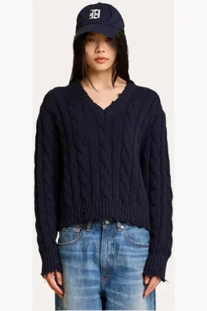 Denimist Truien, Dames, Blauw, L, Katoen, Navy Cable V-Neck Sweater