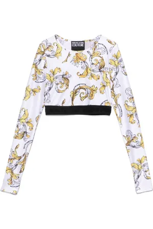 VERSACE Tops, Dames, Veelkleurig, M, Barocco-print top met logo tailleband