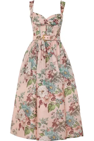 ZIMMERMANN Kleedjes, Dames, Veelkleurig, S, Linnen, Roze Midi Jurk met Strikbandjes