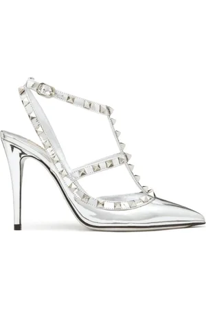 VALENTINO Schoenen, Dames, Grijs, 40 EU, Leer, Zilveren Rockstud enkelband pompen