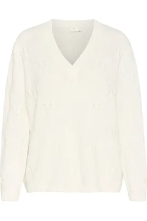 Kaffe Truien, Dames, Wit, 2Xl, Katoen, Gebreide Trui met V-hals en Patroon