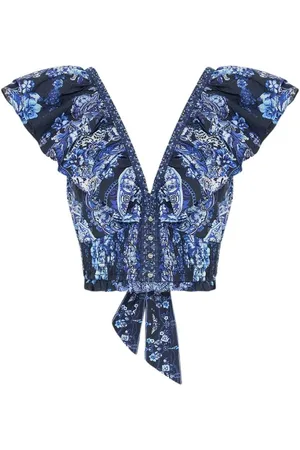 Camilla Tops, Dames, Blauw, M, Katoen, Blauwe Frill Top Middernacht Elegantie