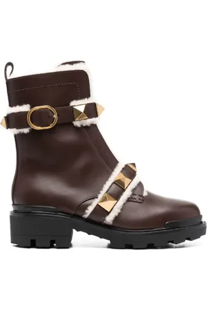 VALENTINO Schoenen, Dames, Bruin, 38 EU, Leer, Goudkleurige Rockstud Enkellaarzen