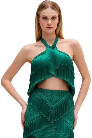 PATBO Tops, Dames, Groen, S, Fringe Halterneck Top in Jade