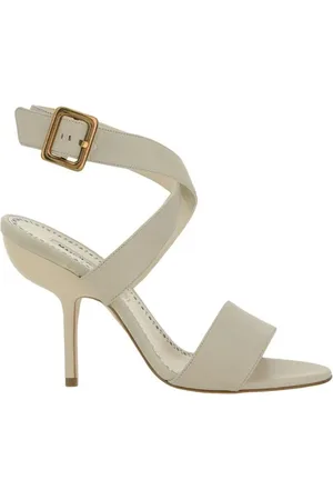 Manolo Blahnik Schoenen, Dames, Wit, 36 1/2 EU, Leer, Gevlochten Stiletto Hak Kalfsleren Sandalen