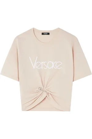 VERSACE Tops, Dames, Roze, XS, Katoen, Roze Cropped T-shirt met Logo Print
