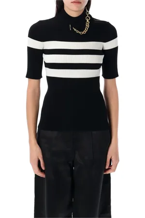 Jean Paul Gaultier Truien, Dames, Zwart, S, Polyester, Korte Mouw Gebreide Gestreepte Top