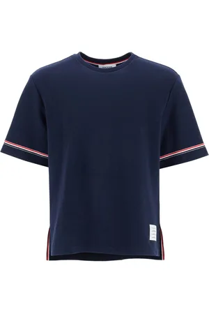 Thom Browne Tops, Heren, Blauw, S, Katoen, Navy Gestreept T-shirt met Wijde Hals