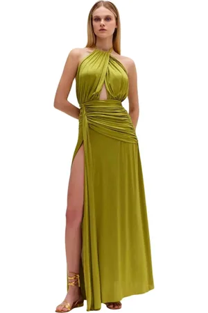 PATBO Kleedjes, Dames, Groen, S, Metallic Halternek Maxi Jurk met zijsplit