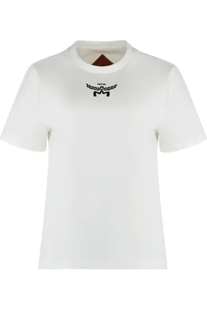 MCM Tops, Dames, Wit, M, Katoen, Geribbelde crew-neck T-shirt 100% katoen