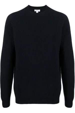 Sunspel Truien, Heren, Zwart, M, Wol, Donker Marineblauw Lamswollen Crew Neck Sweater