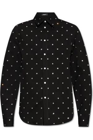 VERSACE Overhemden, Heren, Zwart, M, Denim, Denim shirt met glinsterende kristallen