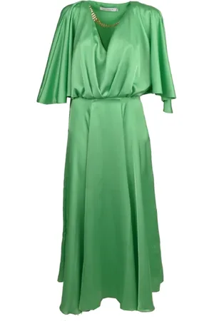 SIMONA CORSELLINI Kleedjes, Dames, Groen, M, Satijn, Lange satijnen jurk met gouden ketting