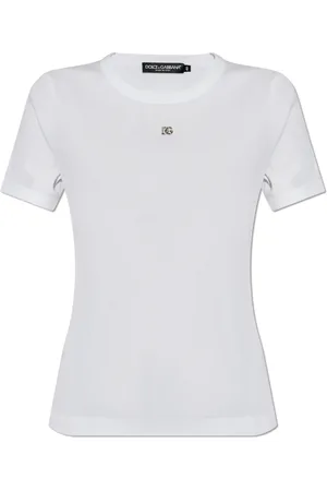 Dolce & Gabbana Tops, Dames, Wit, 2Xs, Katoen, Geribbeld T-shirt met logo-vormige applicatie