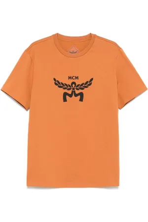 MCM Tops, Heren, Oranje, XL, Bruin Logo Print Crew Neck T-shirt