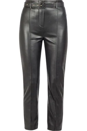 Jucca Broeken, Dames, Zwart, L, Leer, Hoge taille imitatie leren slim broek