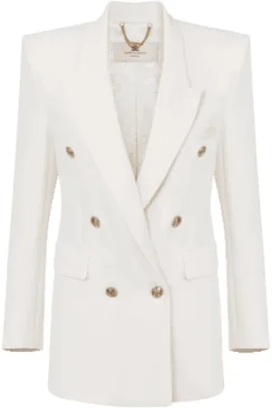 Elisabetta Franchi Jassen, Dames, Wit, S, Polyester, Ivoor Crêpe Blazer met Gouden Knopen