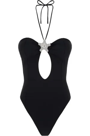 F**K Badkleding, Dames, Zwart, M, Zwarte Monokini met V-hals en glanzend lycra accessoire