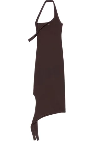 Courrèges Kleedjes, Dames, Bruin, S, Polyester, Bruine Midi Jurk met Asymmetrische Halslijn
