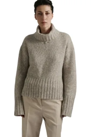 BARBARA BUI Truien, Dames, Grijs, L, Wol, Luxe Zandtrui met Verwijderbare Piercing