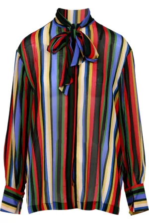 SEMICOUTURE Blouses & Shirts, Dames, Veelkleurig, M, Gestreepte Creponne Blouse met Sjaalkraag