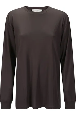 STUDIO NICHOLSON Tops, Dames, Bruin, L, Lange mouwen ronde hals lyocell t-shirt