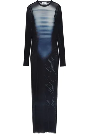 Jean Paul Gaultier Kleedjes, Dames, Blauw, S, Gedrukte Mesh Crew Neck Lange Jurk