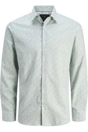 JACK & JONES Overhemden, Heren, Grijs, L, Print Dobby Lange Mouw Shirt