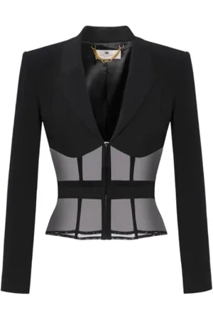 Elisabetta Franchi Jassen, Dames, Zwart, M, Tule, Elegante Zwarte Jas met Tule Inzet