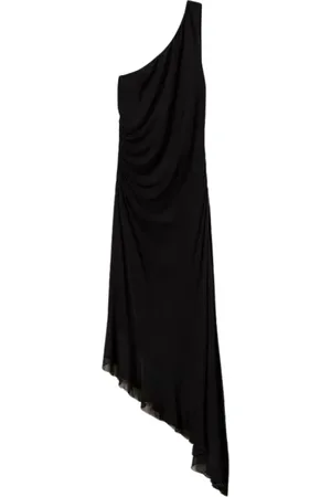 Twin-Set Kleedjes, Dames, Zwart, S, Asymmetrische Midi Jurk met Georgette Ruche