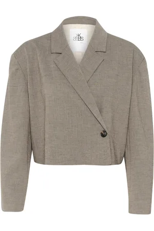 Karen by Simonsen Jassen, Dames, Grijs, 2Xl, Asymmetrische Knoop Blazer Walnoot Melange