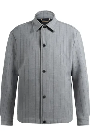 HUGO BOSS Jassen, Heren, Grijs, XL, Gestreept Overshirt met Script Logo