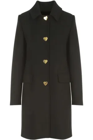 Moschino Mantels, Dames, Zwart, L, Wol, Zwarte wollen jas met hartknopen