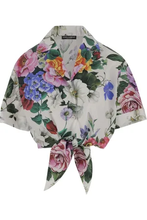 Dolce & Gabbana Blouses & Shirts, Dames, Veelkleurig, 2Xs, Katoen, Bloemen Strik Detail Katoenen Overhemd