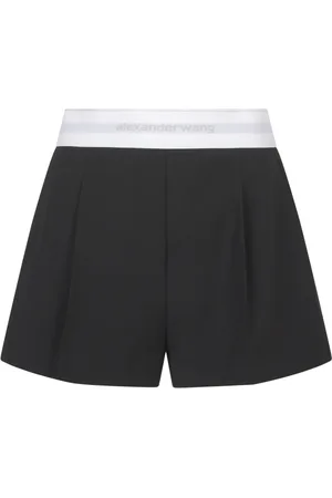 Alexander Wang Korte broeken, Dames, Zwart, S, Zwarte hoge taille geplooide shorts met logoband