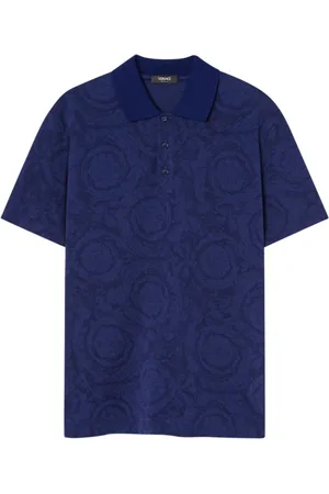 VERSACE Tops, Heren, Blauw, 3Xl, Katoen, Blauwe Barocco Print Poloshirt