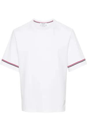 Thom Browne Tops, Heren, Wit, S, Katoen, Gestreept katoenen T-shirt met logo
