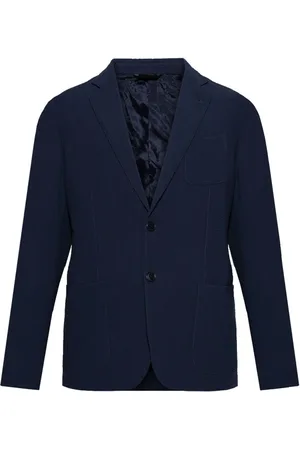 Giorgio Armani Jassen, Heren, Blauw, M, Blauwe Geknoopte Jas met Zakken