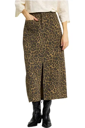 In Front Rokken, Dames, Bruin, 2Xl, Denim, Luipaardprint Voor Split Rok