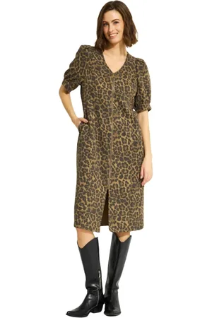 In Front Kleedjes, Dames, Bruin, L, Katoen, Luipaardprint Jurk met Voorspleet