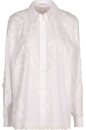Alberta Ferretti Blouses & Shirts, Dames, Wit, M, Katoen, Bloemen Geborduurd Katoenen Shirt