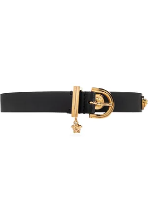 VERSACE Accessoires, Dames, Zwart, 80 CM, Leer, Leren riem met applicaties
