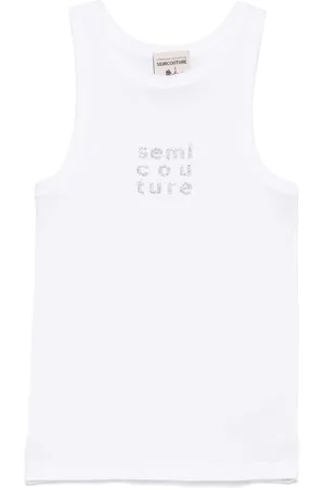 SEMICOUTURE Tops, Dames, Wit, M, Witte Mouwloze T-shirt met Ronde Hals