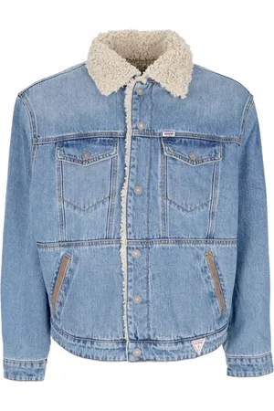 Guess Jassen, Heren, Blauw, L, Denim, Vintage Denim Jacket met Sherpa Kraag