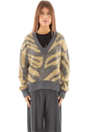 BABYLON Truien, Dames, Veelkleurig, L, Animalier V-Neck Sweater in Grigio