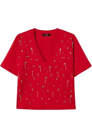 Twin-Set Tops, Dames, Rood, M, Cropped T-shirt met borduurwerk
