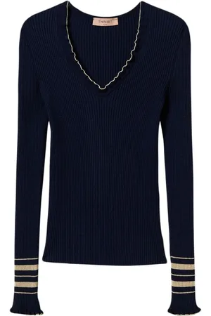 Twin-Set Truien, Dames, Zwart, XL, Zwarte V-hals trui met Lurex-details