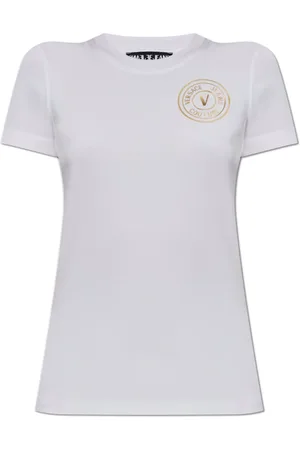 VERSACE Tops, Dames, Wit, M, Katoen, T-shirt met bedrukt logo