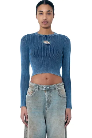 Diesel Truien, Dames, Blauw, M, Katoen, Rib Top met Logo Plaque